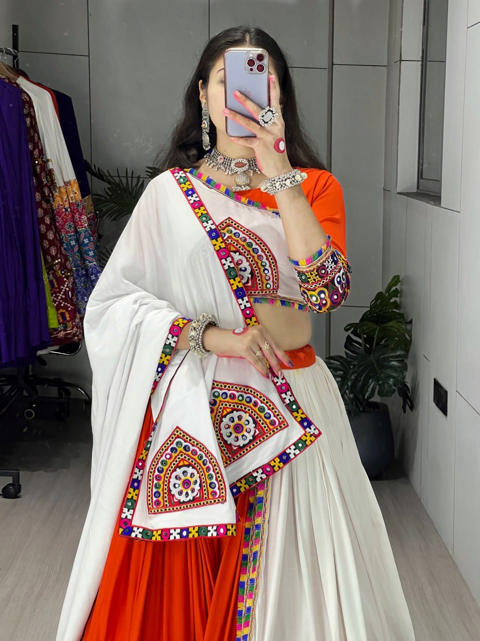 Orange Pure Rayon Cotton Plain With Real Mirror Gamthi Work Navratri Lehenga Choli