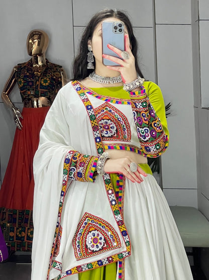 Parrot Pure Rayon Cotton Plain With Real Mirror Gamthi Work Navratri Lehenga Choli