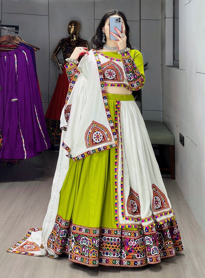 Parrot Pure Rayon Cotton Plain With Real Mirror Gamthi Work Navratri Lehenga Choli