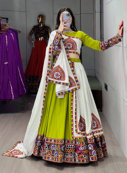 Parrot Pure Rayon Cotton Plain With Real Mirror Gamthi Work Navratri Lehenga Choli