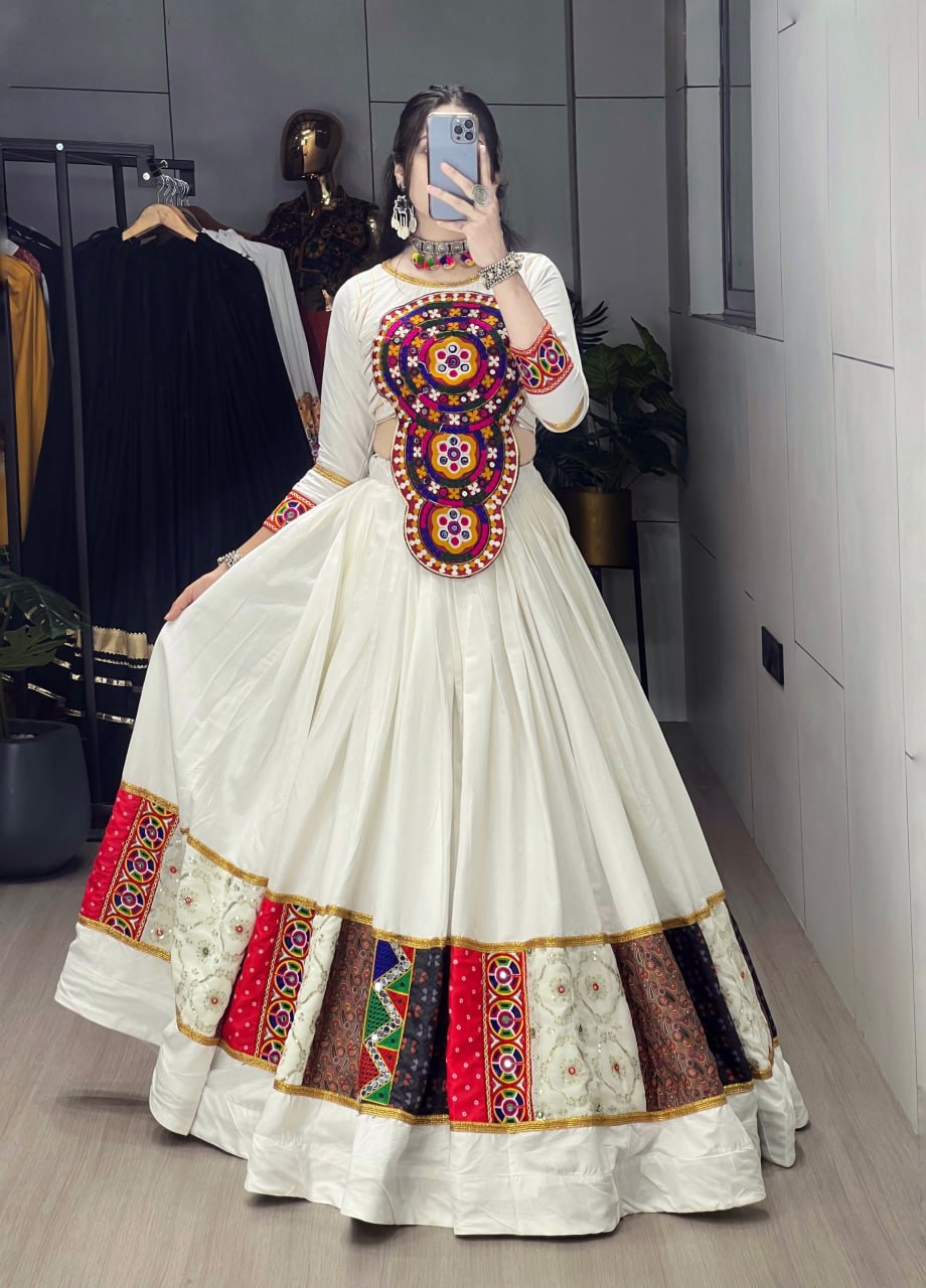 White Pure Rayon Cotton Multi Designs Prints Navratri Lehenga Choli