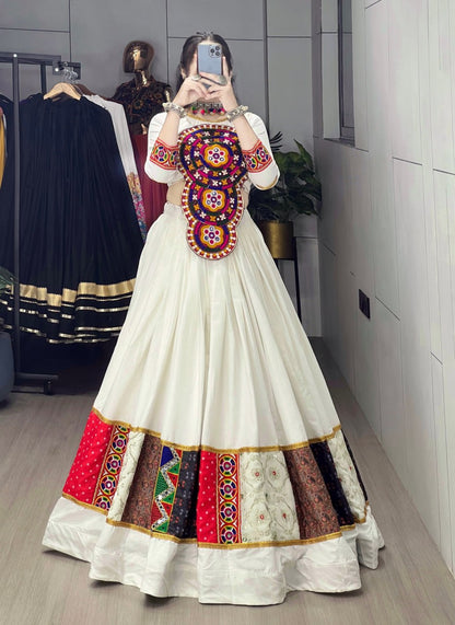 White Pure Rayon Cotton Multi Designs Prints Navratri Lehenga Choli