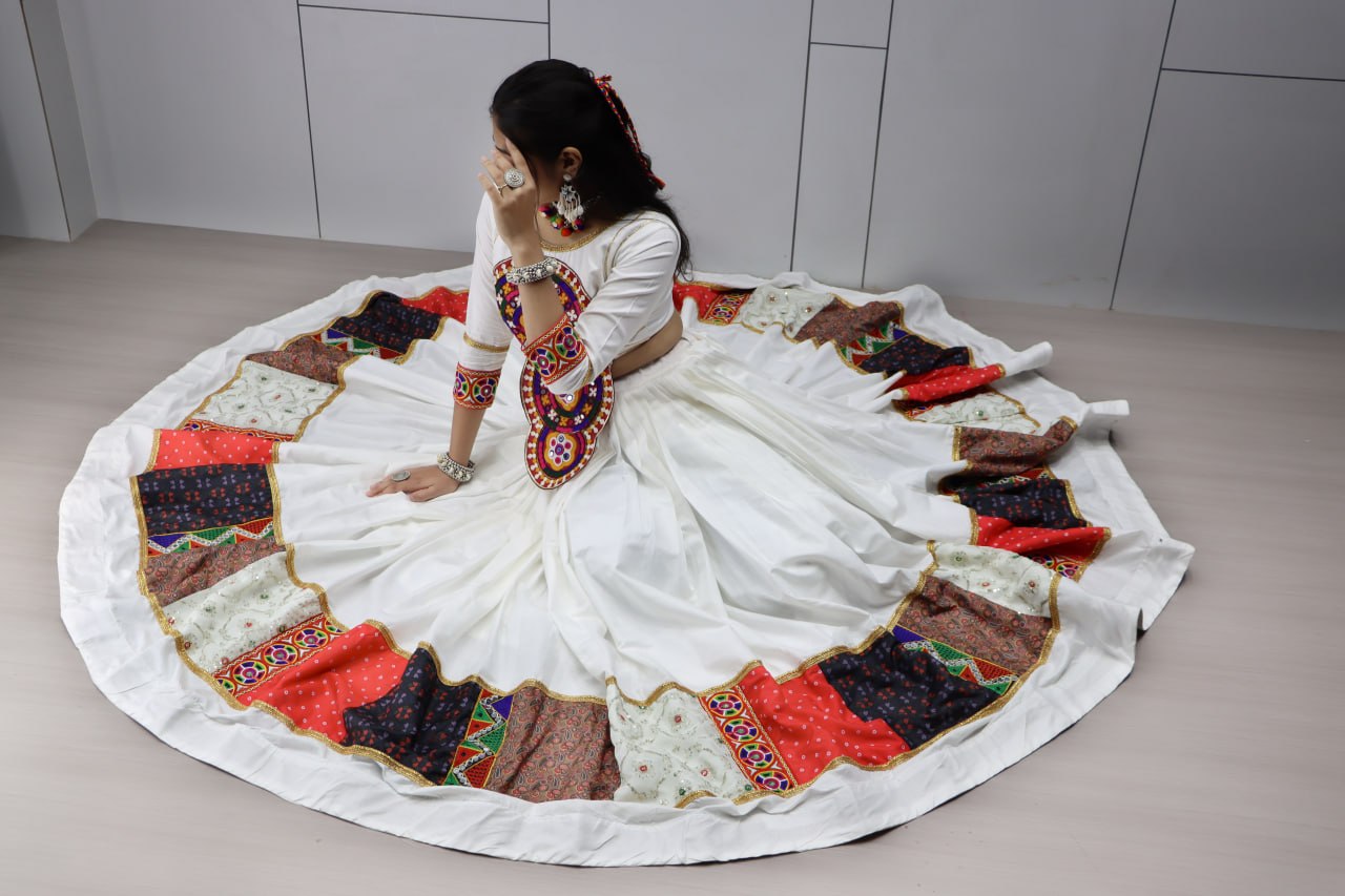 White Pure Rayon Cotton Multi Designs Prints Navratri Lehenga Choli