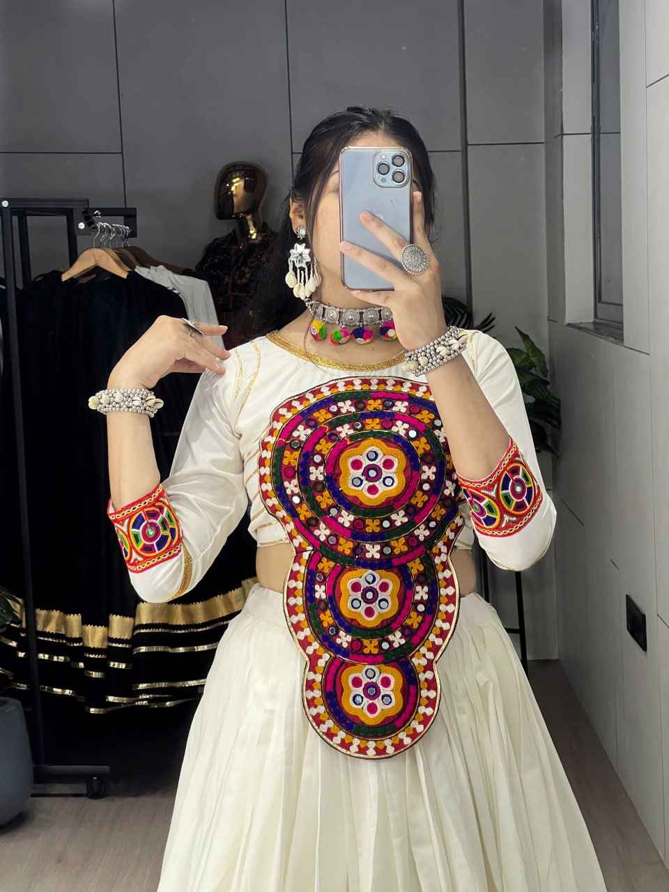 White Pure Rayon Cotton Multi Designs Prints Navratri Lehenga Choli