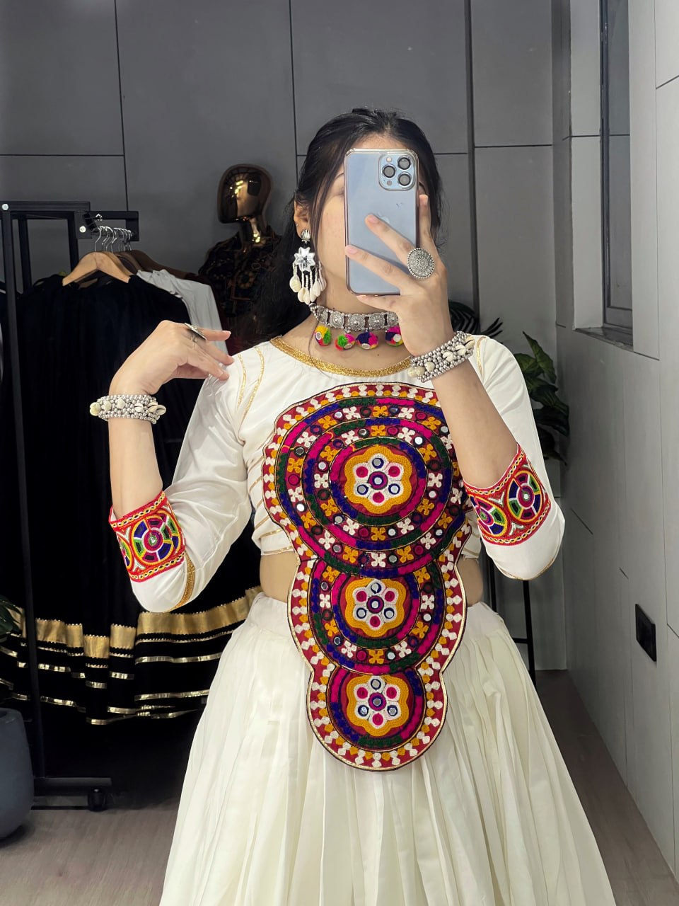 White Pure Rayon Cotton Multi Designs Prints Navratri Lehenga Choli