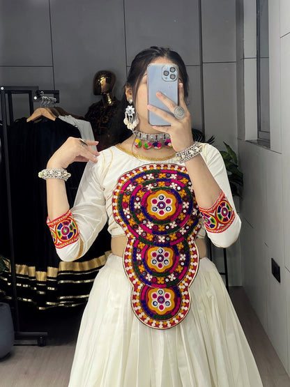 White Pure Rayon Cotton Multi Designs Prints Navratri Lehenga Choli