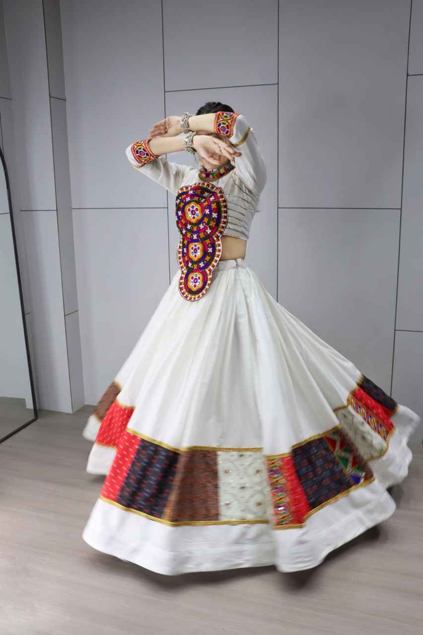 White Pure Rayon Cotton Multi Designs Prints Navratri Lehenga Choli