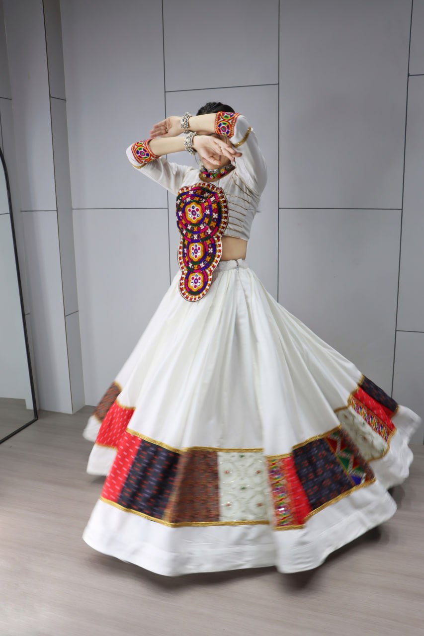 White Pure Rayon Cotton Multi Designs Prints Navratri Lehenga Choli