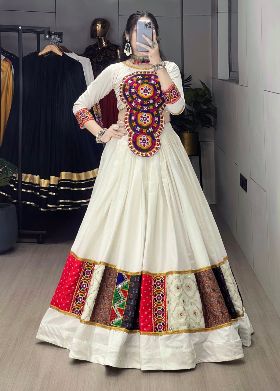 White Pure Rayon Cotton Multi Designs Prints Navratri Lehenga Choli