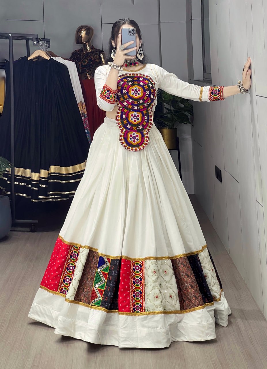 White Pure Rayon Cotton Multi Designs Prints Navratri Lehenga Choli