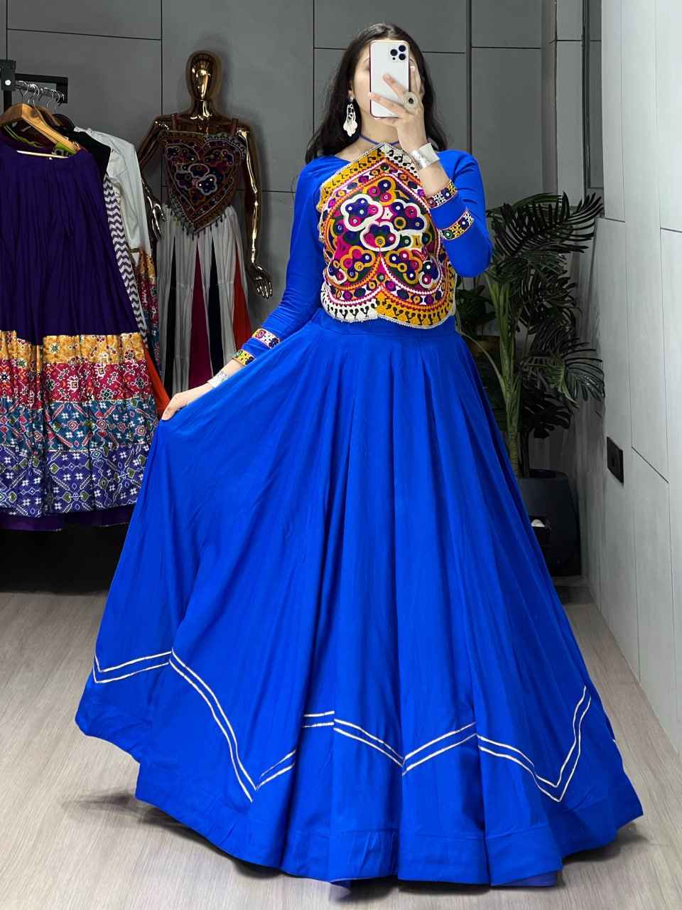 White Pure Pure Rayon Cotton Plain With Work Navratri Lehenga Choli