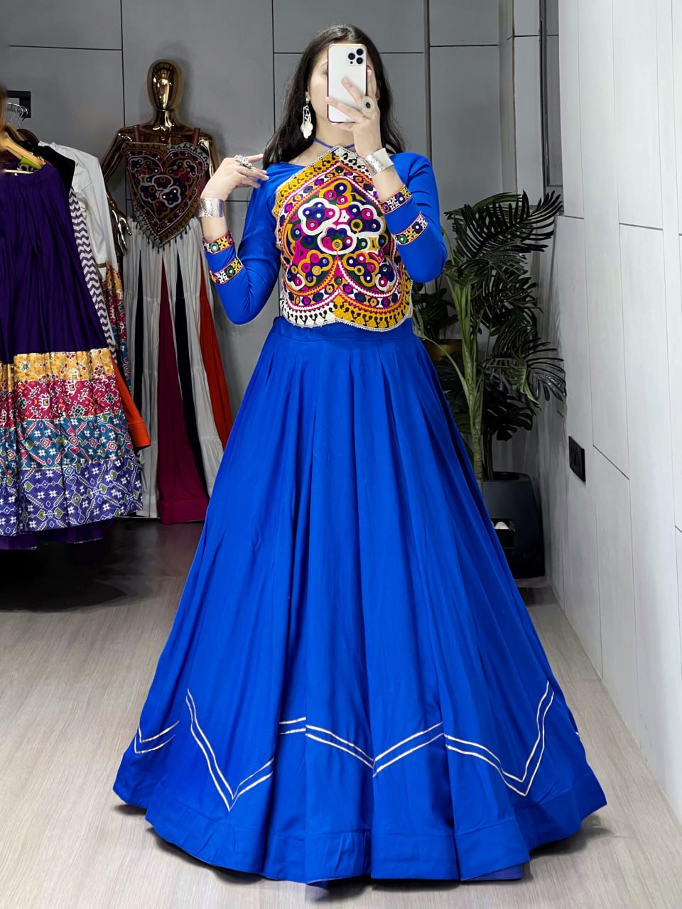 White Pure Pure Rayon Cotton Plain With Work Navratri Lehenga Choli