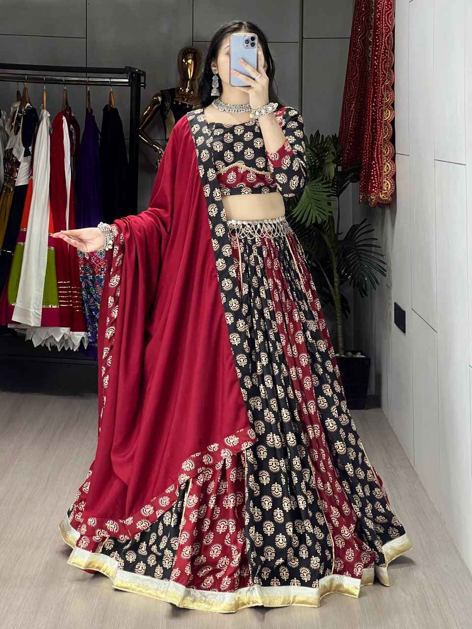 Maroon Pure Rayon Cotton Two Color Ajrakh Print Navratri Lehenga Choli
