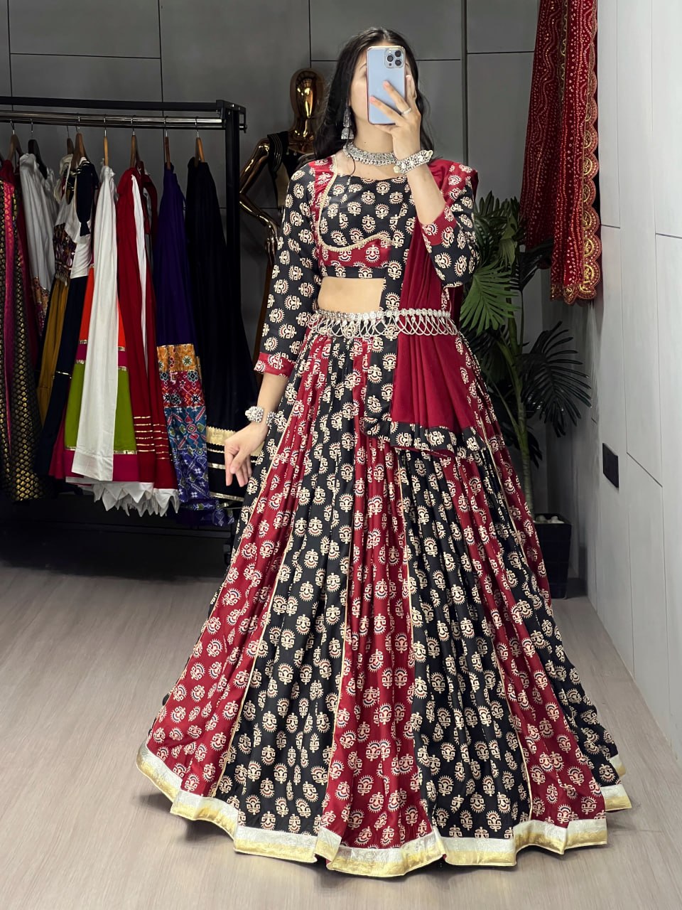 Maroon Pure Rayon Cotton Two Color Ajrakh Print Navratri Lehenga Choli