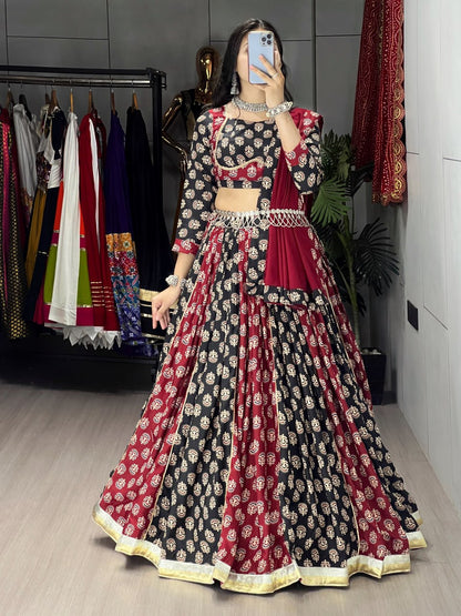Maroon Pure Rayon Cotton Two Color Ajrakh Print Navratri Lehenga Choli