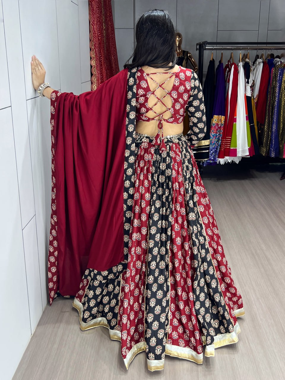 Maroon Pure Rayon Cotton Two Color Ajrakh Print Navratri Lehenga Choli