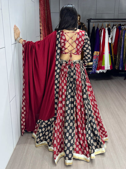 Maroon Pure Rayon Cotton Two Color Ajrakh Print Navratri Lehenga Choli