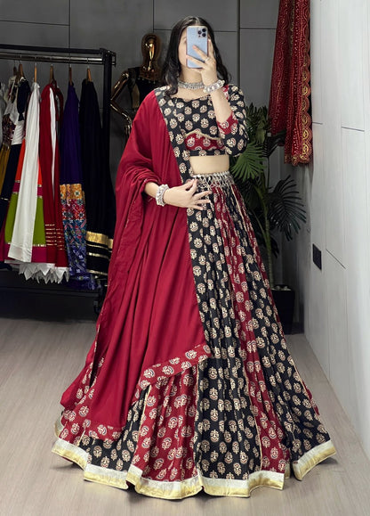 Maroon Pure Rayon Cotton Two Color Ajrakh Print Navratri Lehenga Choli