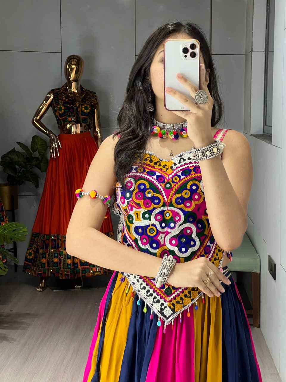 Multicolour Pure Rayon Cotton Multicolour Combination Navratri Lehenga Choli