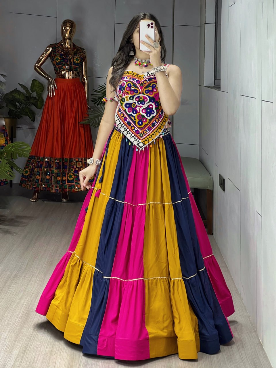 Multicolour Pure Rayon Cotton Multicolour Combination Navratri Lehenga Choli