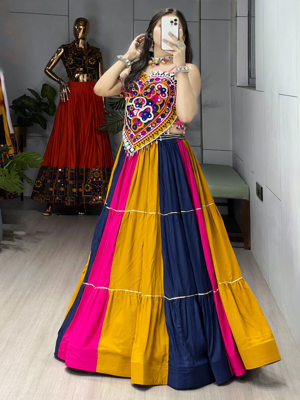 Multicolour Pure Rayon Cotton Multicolour Combination Navratri Lehenga Choli