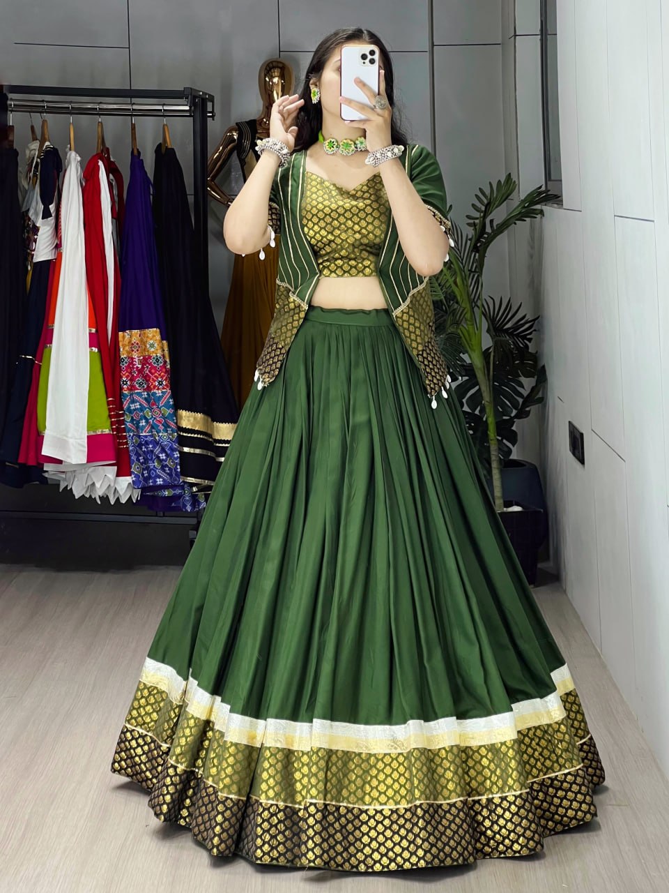 Mehndi Pure Rayon Cotton Plain With Silk Butti Daaman   Navratri Lehenga Choli