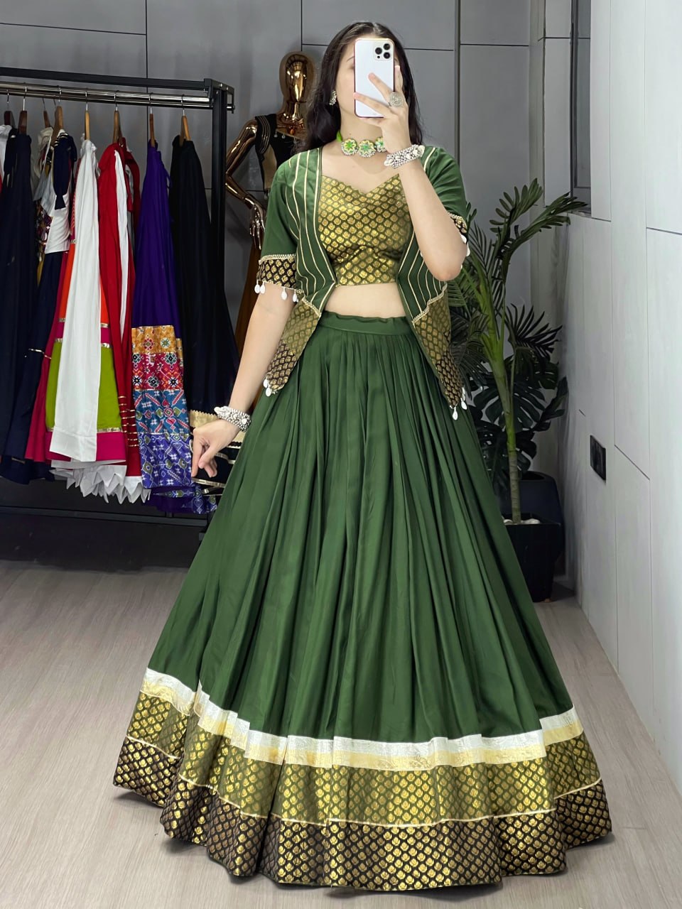 Mehndi Pure Rayon Cotton Plain With Silk Butti Daaman   Navratri Lehenga Choli