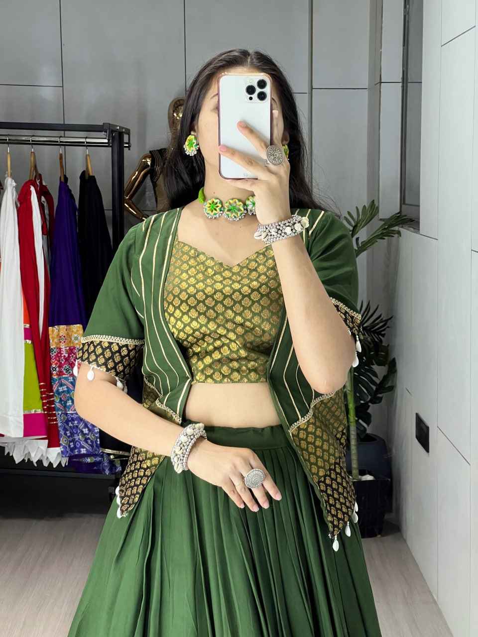 Mehndi Pure Rayon Cotton Plain With Silk Butti Daaman   Navratri Lehenga Choli