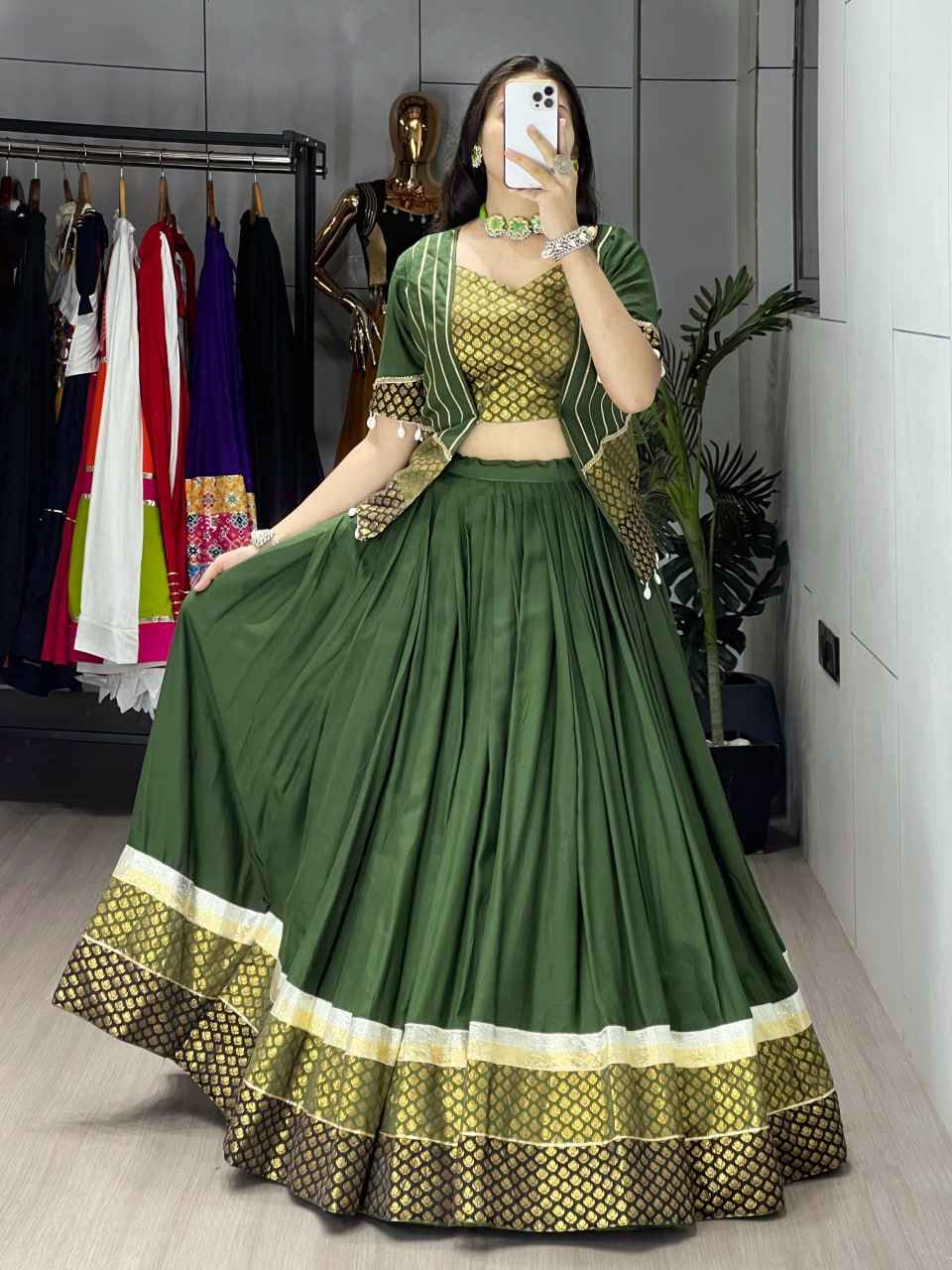 Mehndi Pure Rayon Cotton Plain With Silk Butti Daaman   Navratri Lehenga Choli