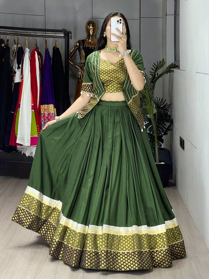 Mehndi Pure Rayon Cotton Plain With Silk Butti Daaman   Navratri Lehenga Choli