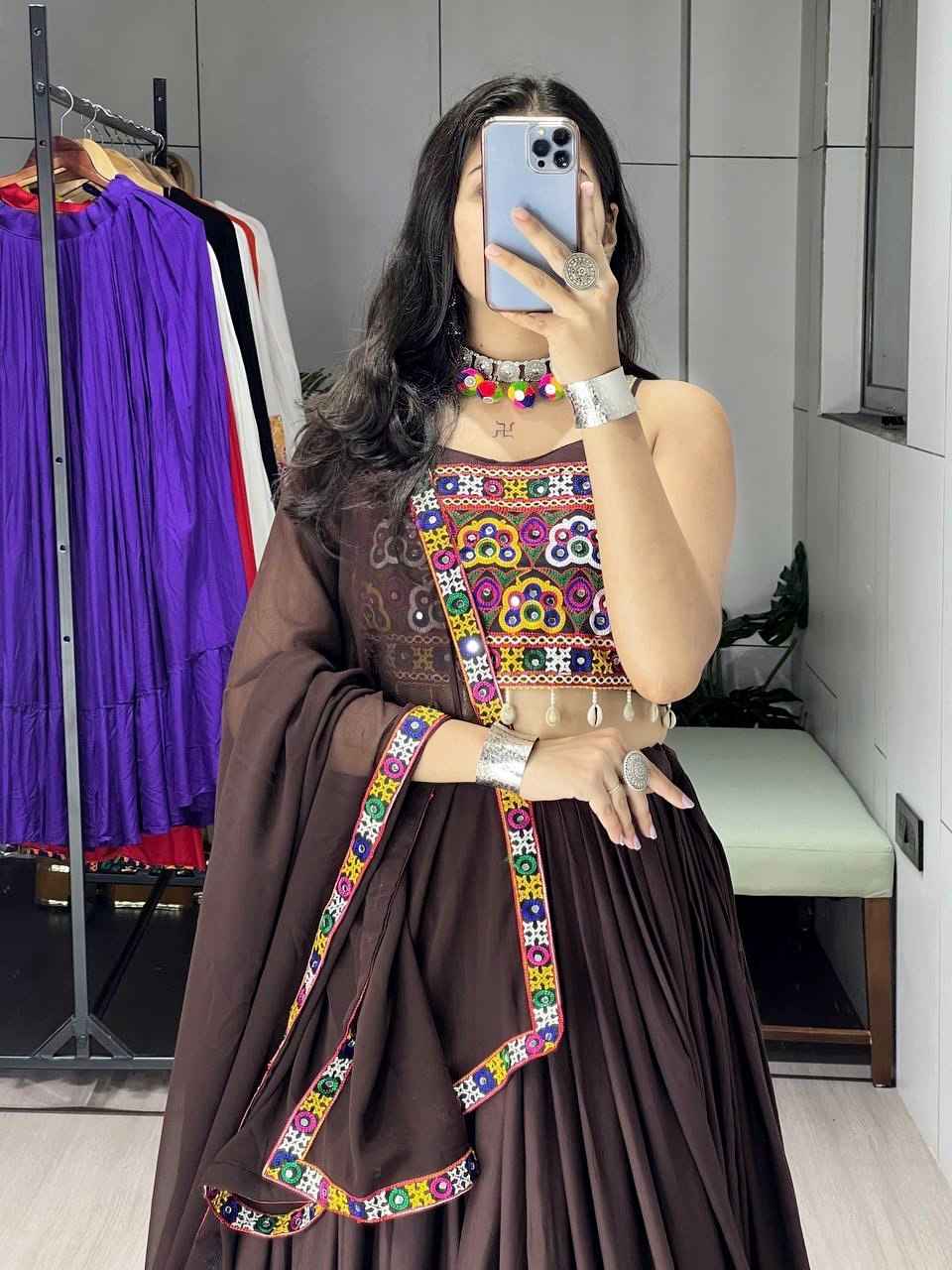 Brown Pure Rayon Cotton Gota Patti Work Navratri Lehenga Choli