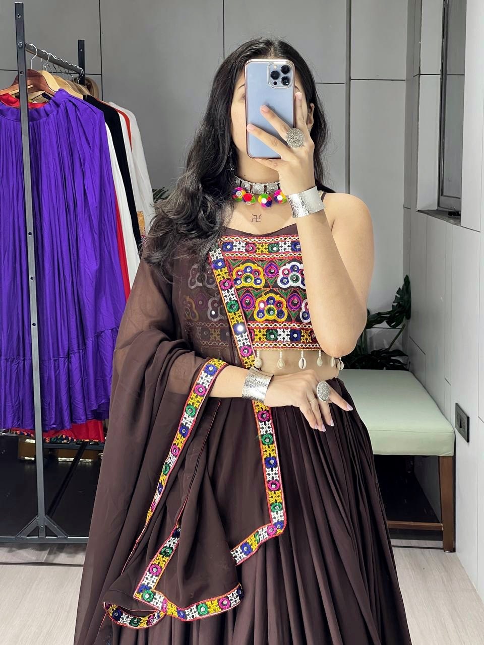 Brown Pure Rayon Cotton Gota Patti Work Navratri Lehenga Choli