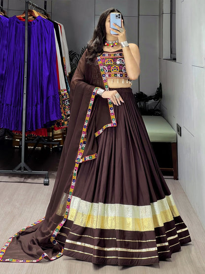 Brown Pure Rayon Cotton Gota Patti Work Navratri Lehenga Choli