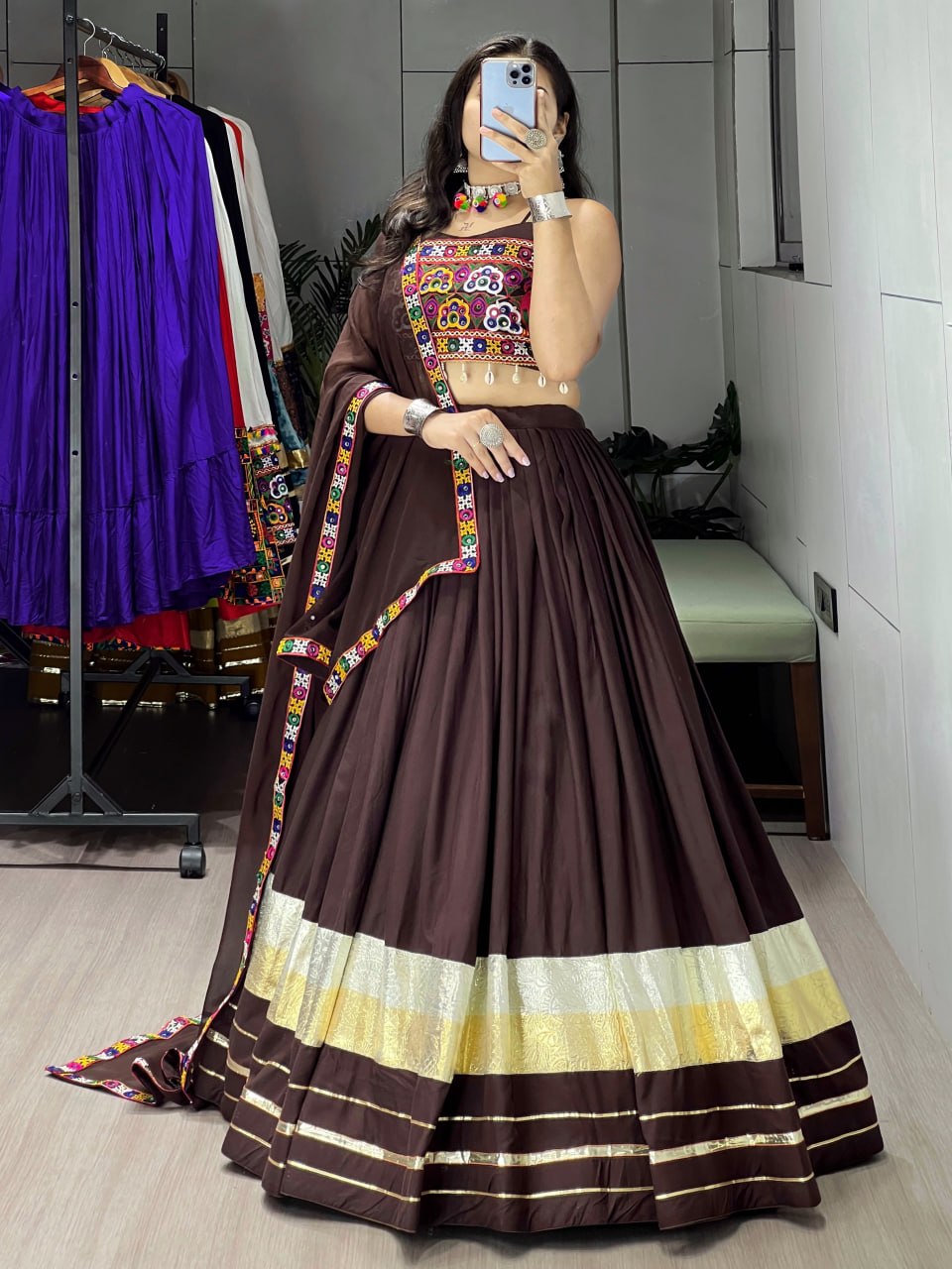 Brown Pure Rayon Cotton Gota Patti Work Navratri Lehenga Choli