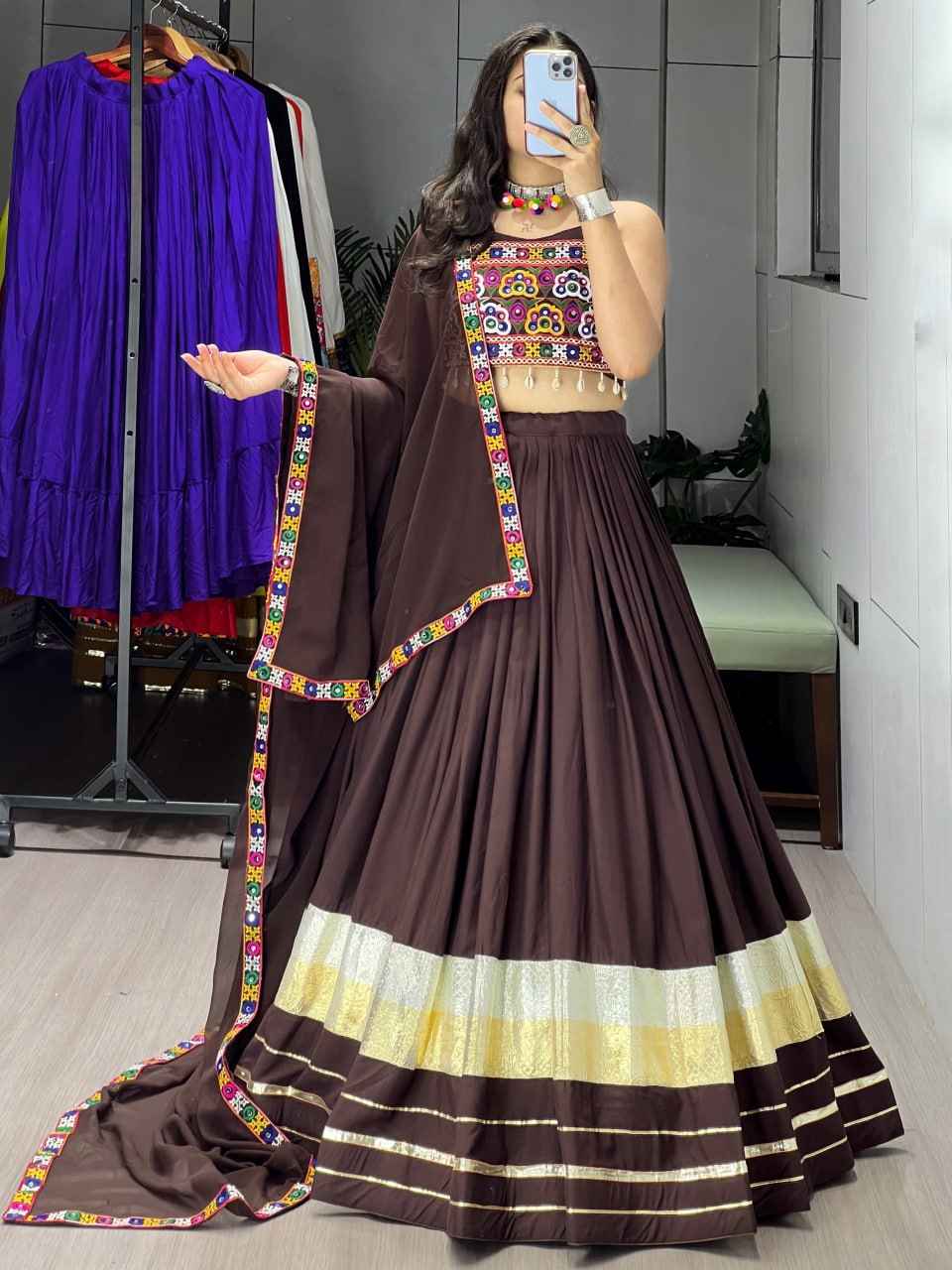 Brown Pure Rayon Cotton Gota Patti Work Navratri Lehenga Choli