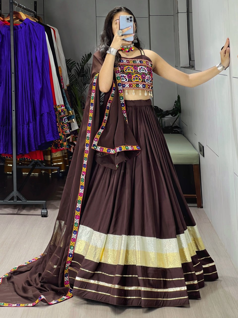 Brown Pure Rayon Cotton Gota Patti Work Navratri Lehenga Choli