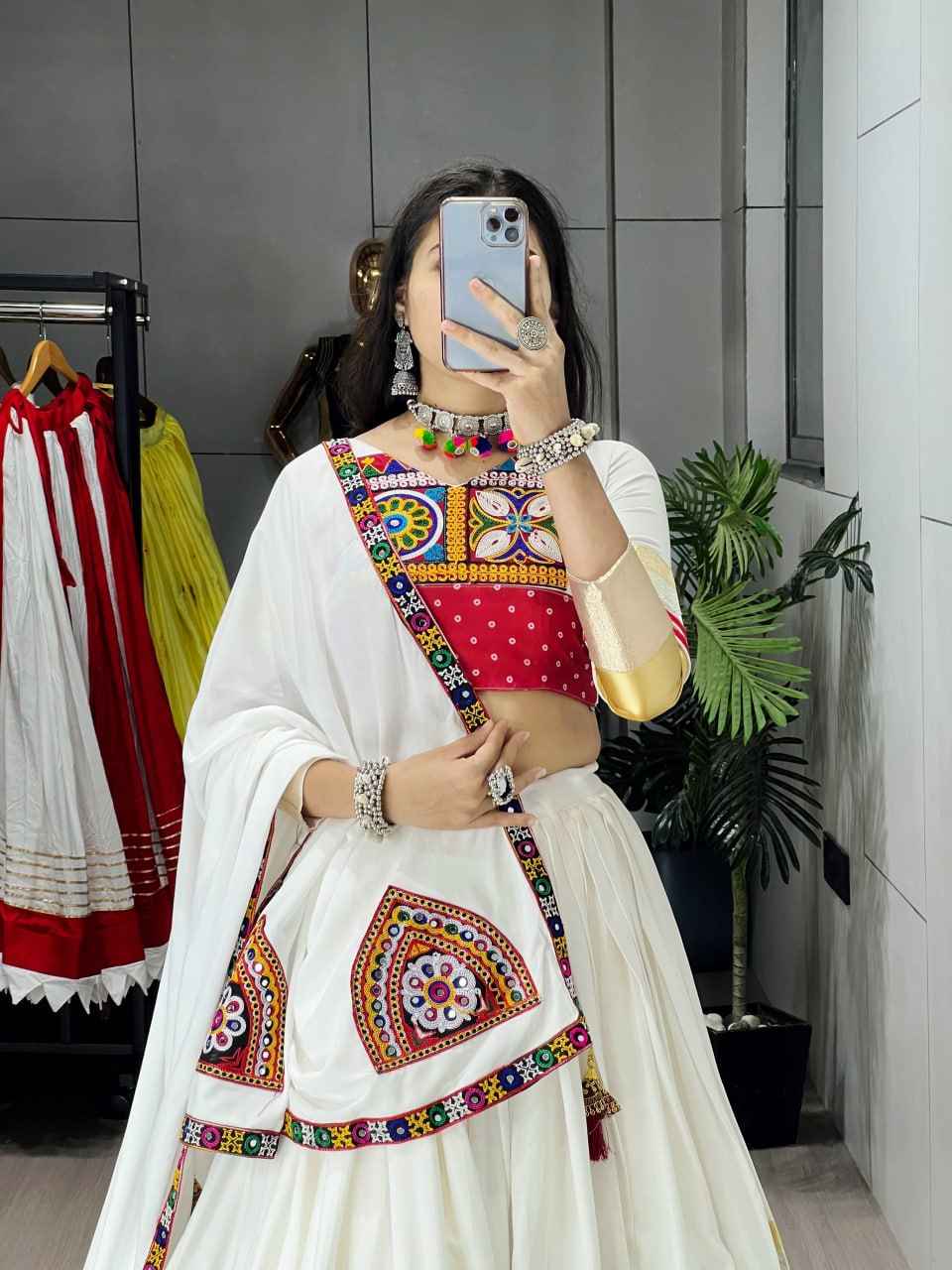 White Pure Rayon Cotton Gota Work Navratri Lehenga Choli