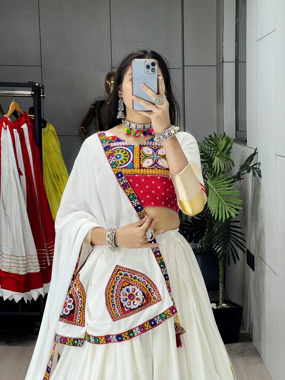 White Pure Rayon Cotton Gota Work Navratri Lehenga Choli