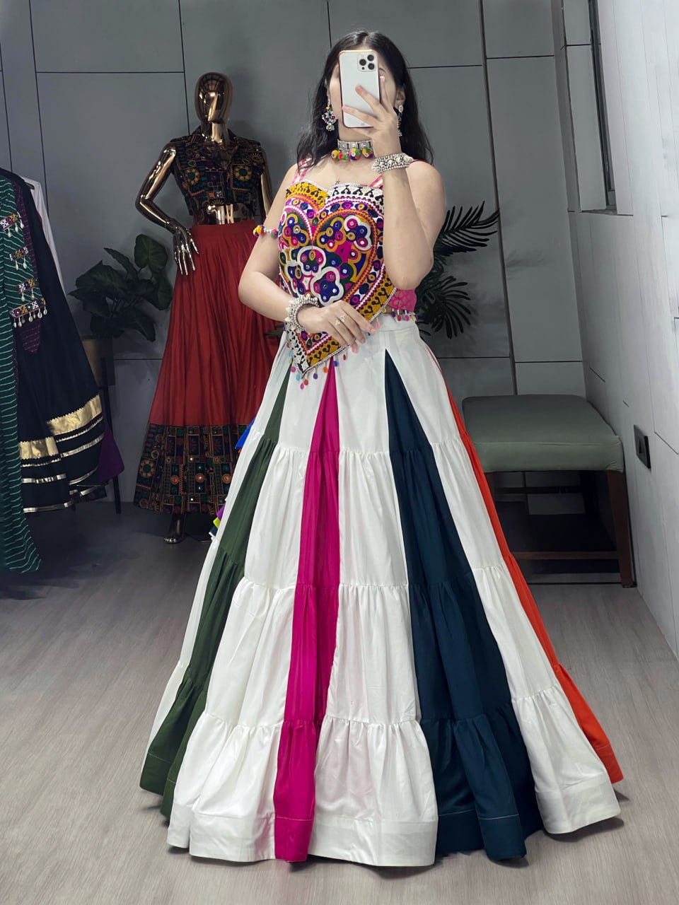 Multicolour Pure Rayon Cotton Navratri Lehenga Choli