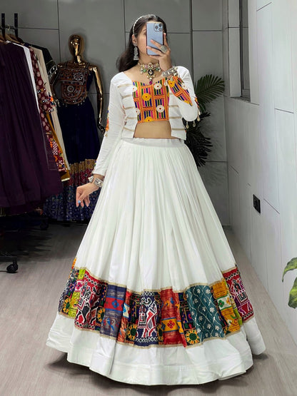 White Pure Rayon Cotton Gota Work Navratri Lehenga Choli