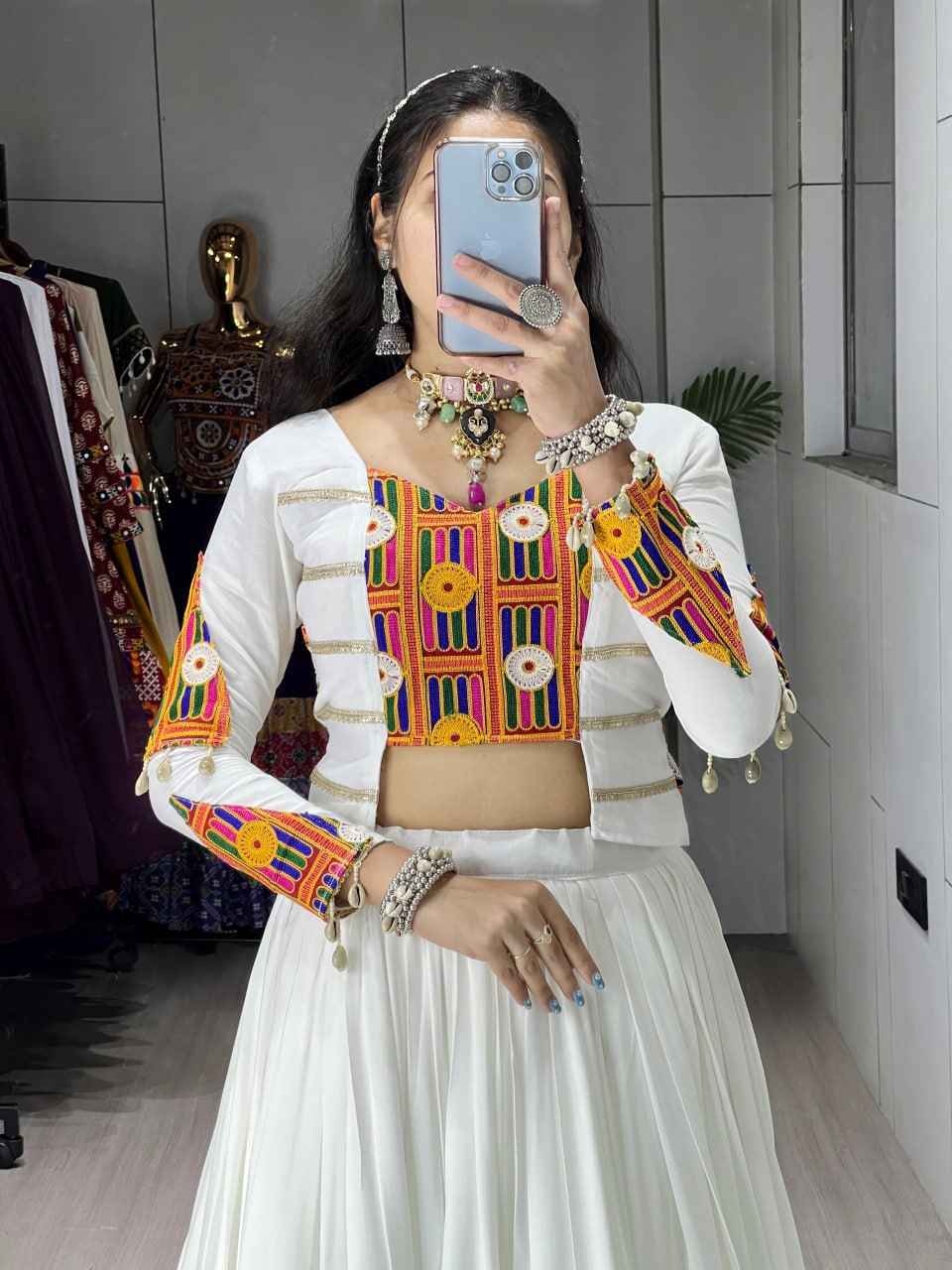 White Pure Rayon Cotton Gota Work Navratri Lehenga Choli