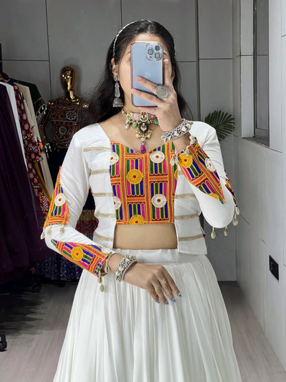 White Pure Rayon Cotton Gota Work Navratri Lehenga Choli