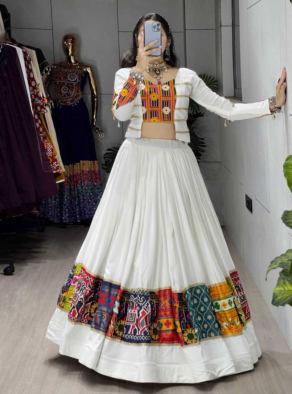 White Pure Rayon Cotton Gota Work Navratri Lehenga Choli