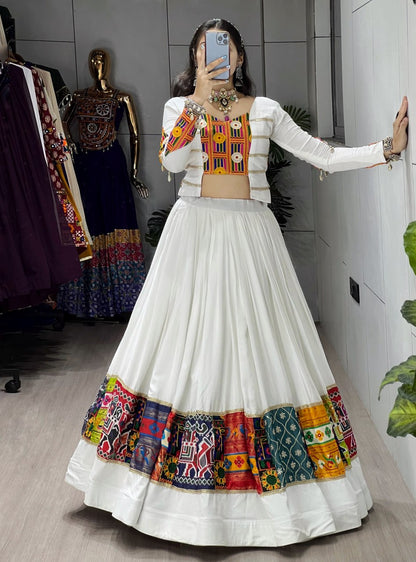 White Pure Rayon Cotton Gota Work Navratri Lehenga Choli
