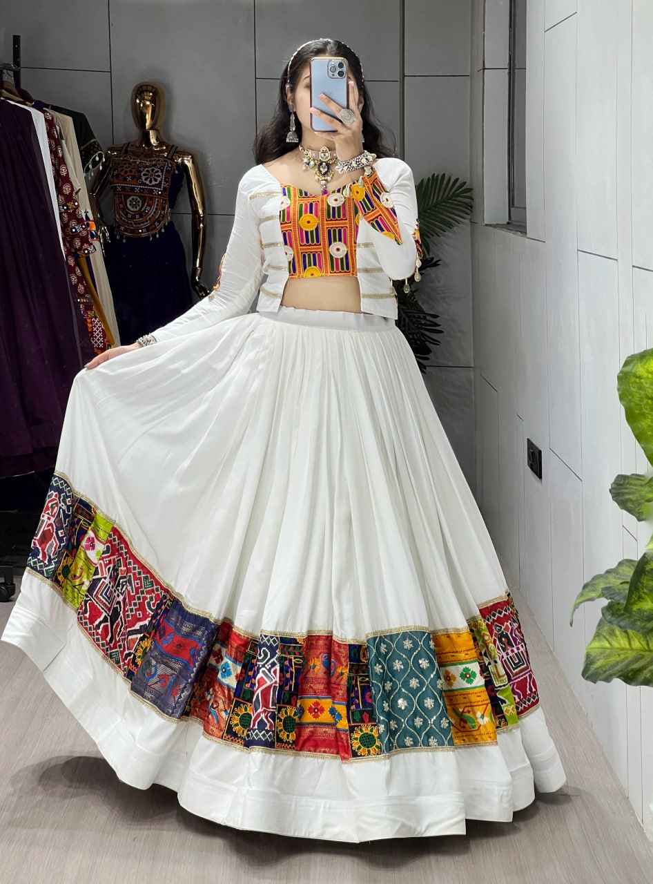 White Pure Rayon Cotton Gota Work Navratri Lehenga Choli