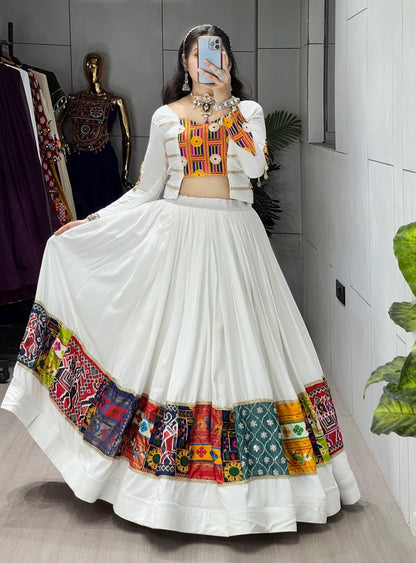White Pure Rayon Cotton Gota Work Navratri Lehenga Choli