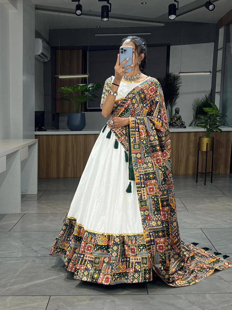 Green Pure Rayon Cotton Printed With Foil on Patch Work Navratri Lehenga Choli