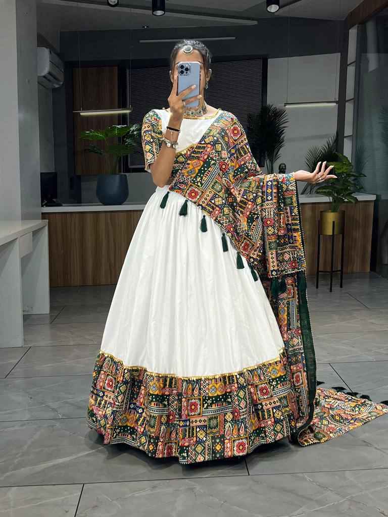 Green Pure Rayon Cotton Printed With Foil on Patch Work Navratri Lehenga Choli