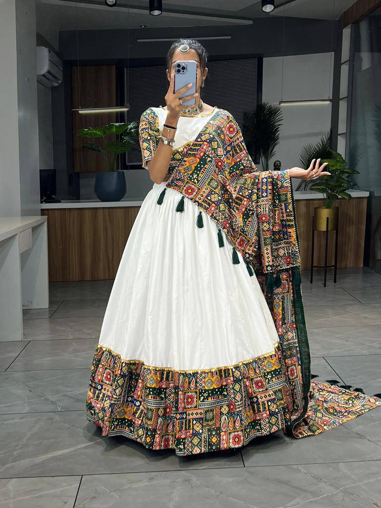 Green Pure Rayon Cotton Printed With Foil on Patch Work Navratri Lehenga Choli