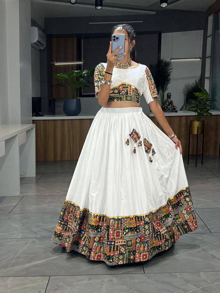 Green Pure Rayon Cotton Printed With Foil on Patch Work Navratri Lehenga Choli